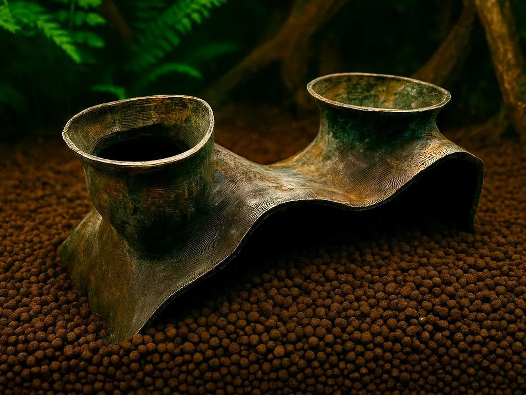 Bury-in Double Cave — original MakerWorld cover in a planted enclosure