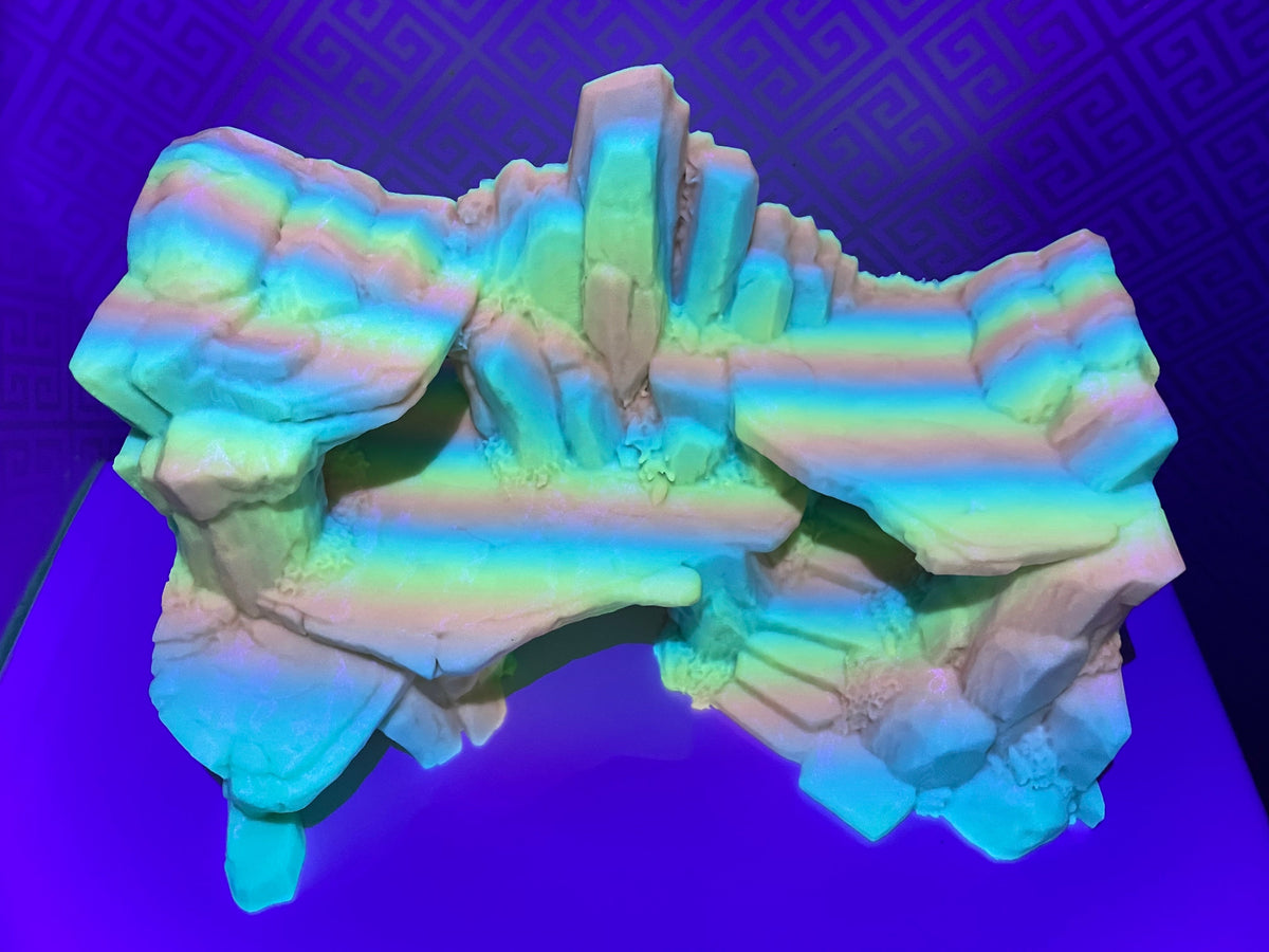 Stone Step Hideaway photographed under coloured lighting