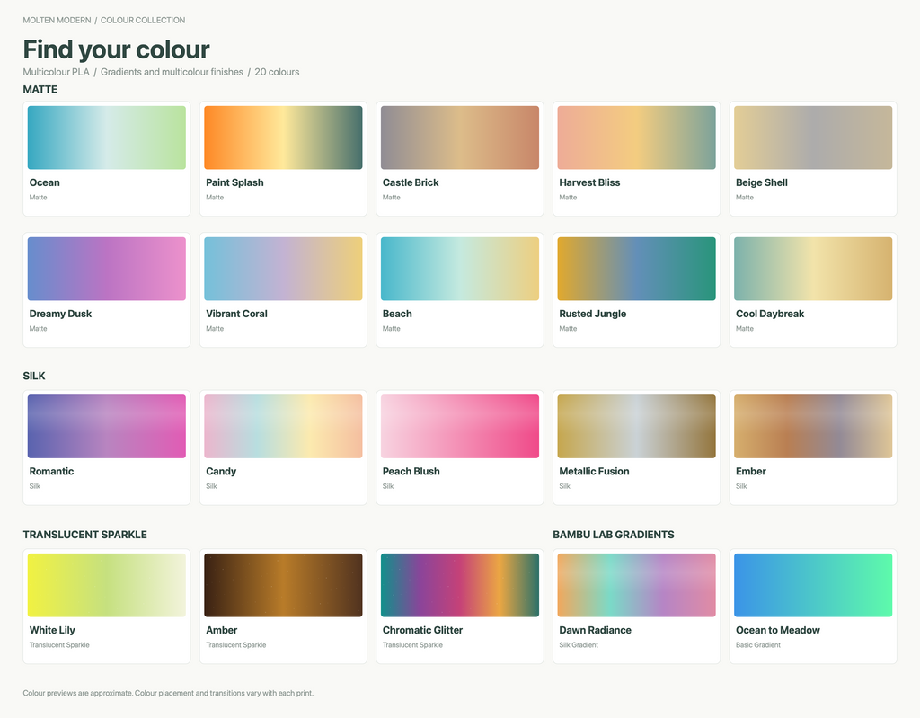 Multicolour colour selector chart — 20 gradient previews including Ember, Amber and Chromatic Glitter.