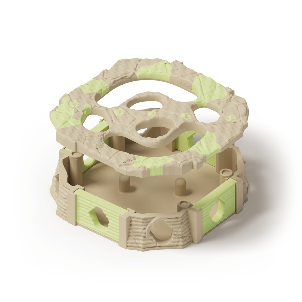 PawQuest — solid beige base; Apple Green gates, lid splashes and paw prints; lifted lid showing native interior geometry. Native production-model rendering.