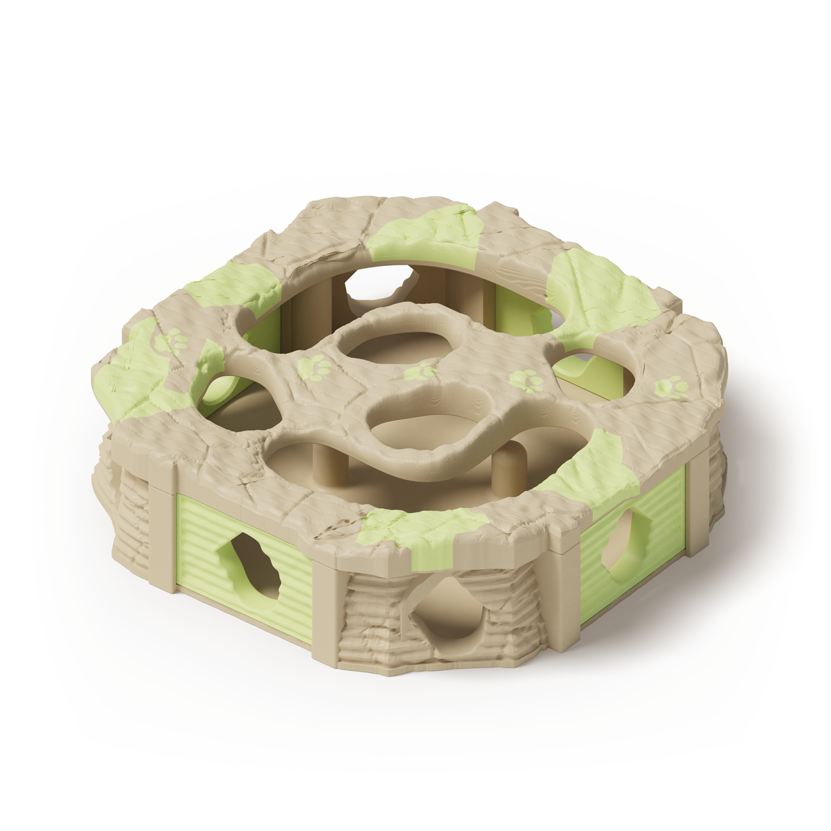 PawQuest — solid beige base; Apple Green gates, lid splashes and paw prints. Native production-model rendering.