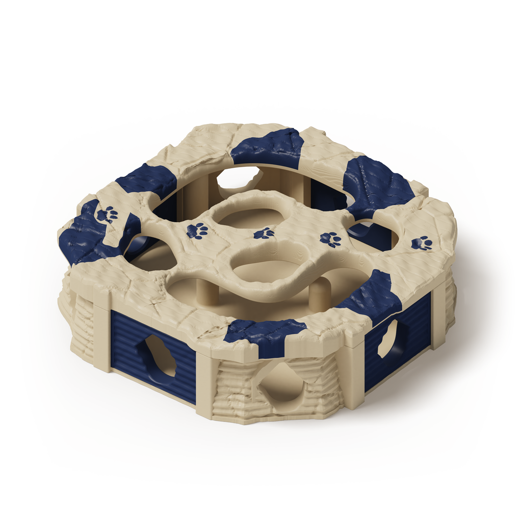 PawQuest — solid beige base; Dark Blue gates, lid splashes and paw prints. Native production-model rendering.