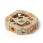 PawQuest — solid beige base; Mandarin Orange gates, lid splashes and paw prints. Native production-model rendering.