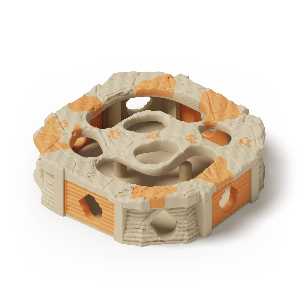 PawQuest — solid beige base; Mandarin Orange gates, lid splashes and paw prints. Native production-model rendering.