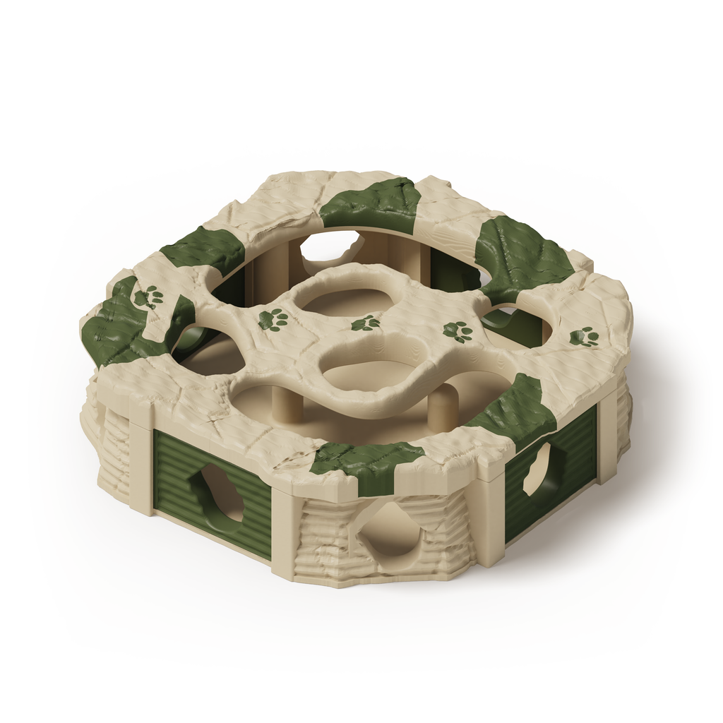 PawQuest — solid beige base; Olive Green gates, lid splashes and paw prints. Native production-model rendering.
