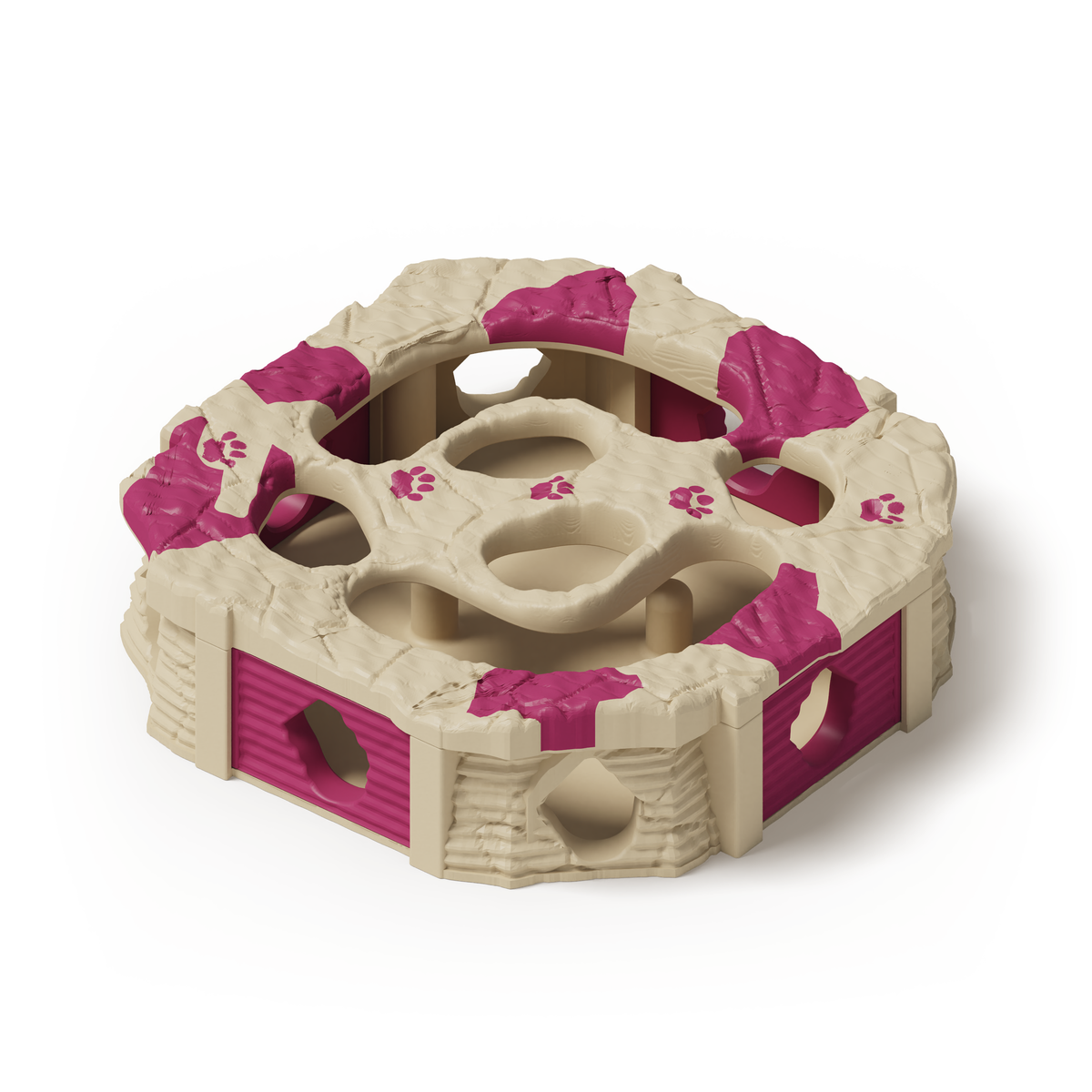 PawQuest — solid beige base; Plum Red gates, lid splashes and paw prints. Native production-model rendering.