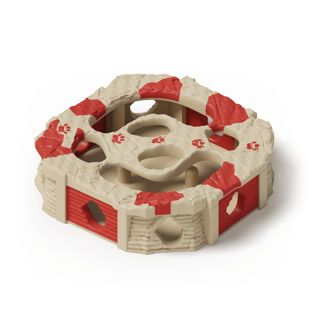 PawQuest — solid beige base; Scarlet Red gates, lid splashes and paw prints. Native production-model rendering.