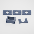 PawQuest accessories rendered from production V7: three ball-retention gates in the back row, one bridge at front left and one escape gate at front right. Dark Blue matte PLA.