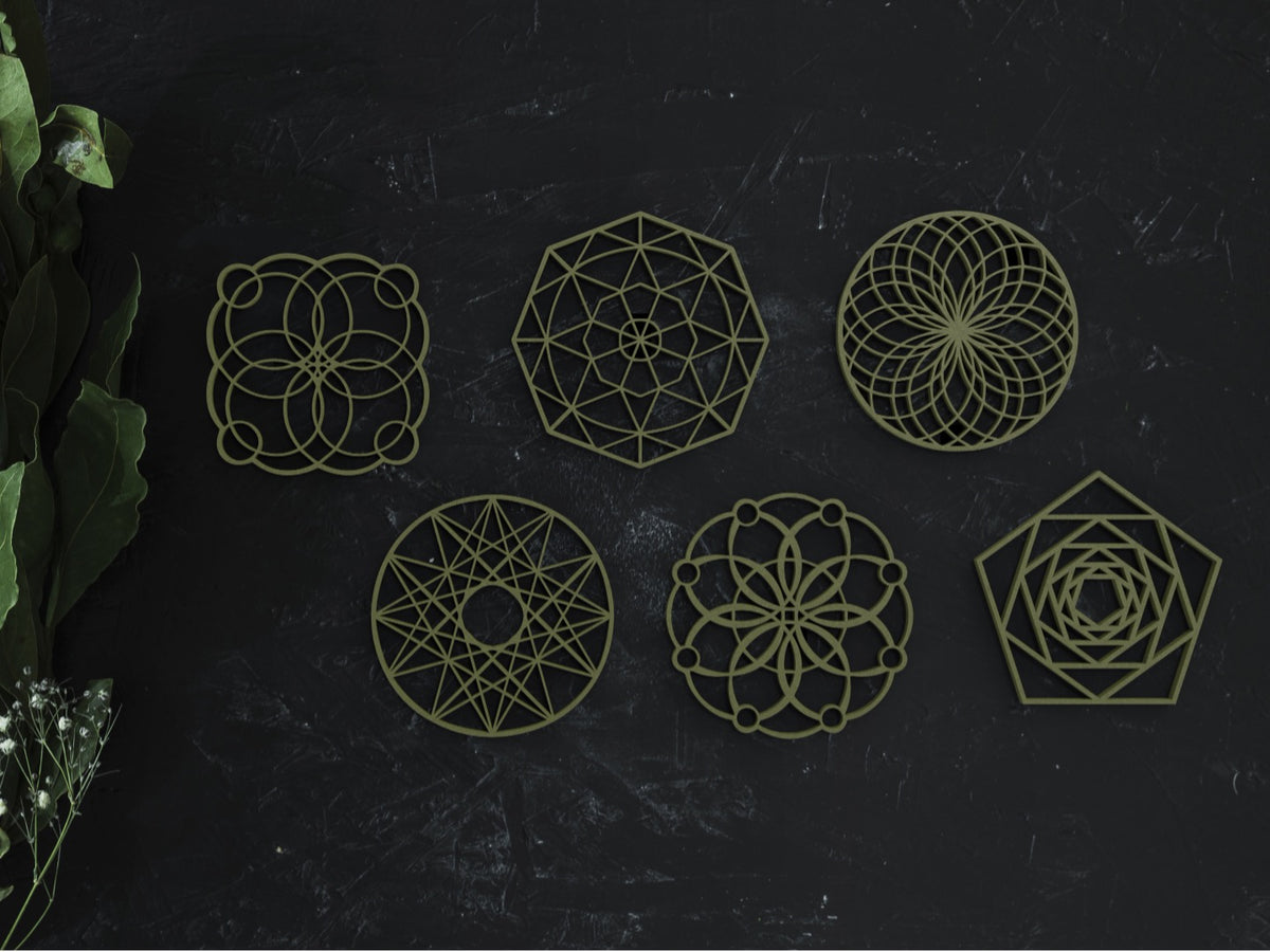 All six Sacred Geometry coasters in the original Ikigaiform MakerWorld group photograph