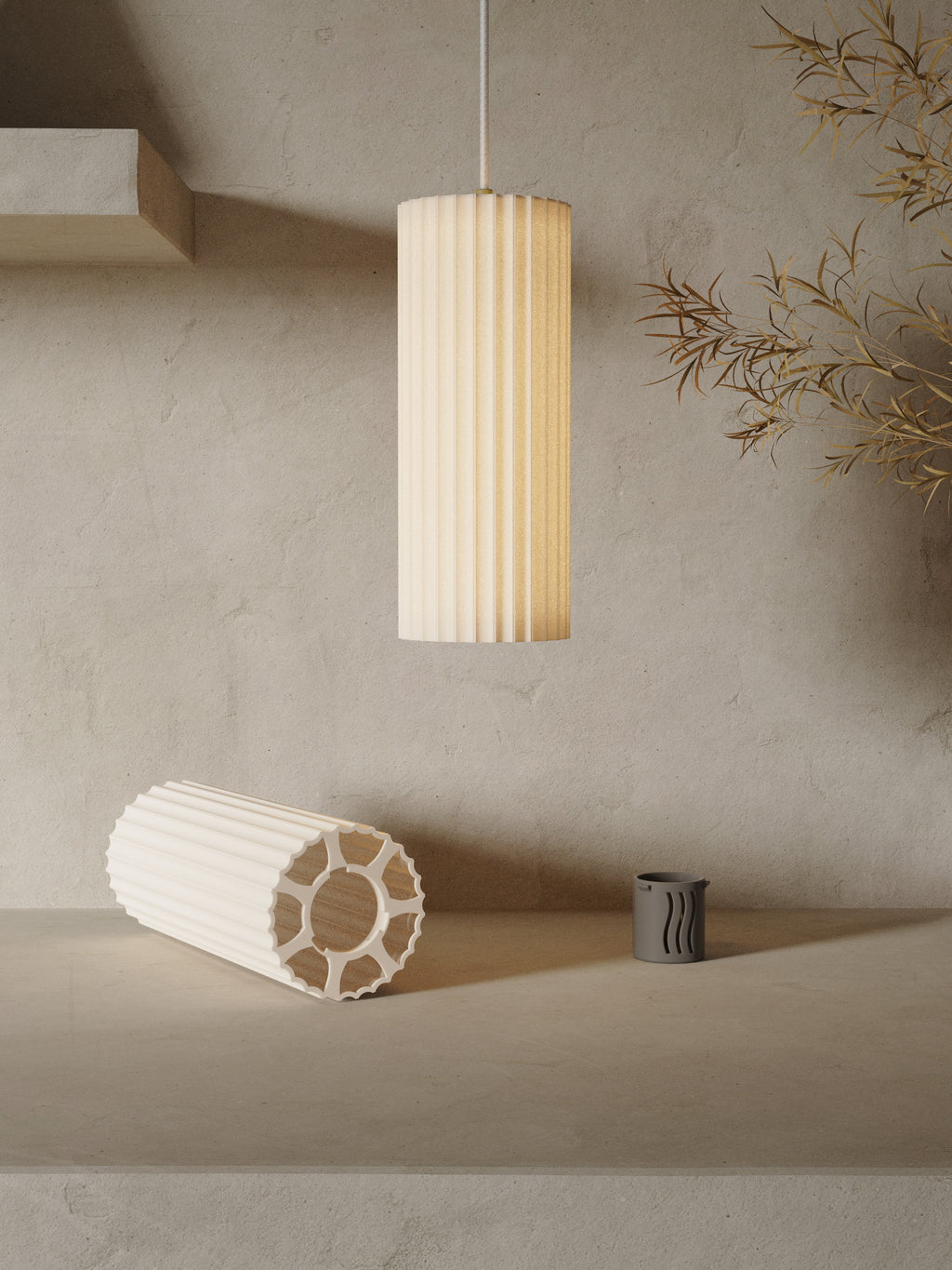 Scandi fluted cylinder shade and printed adapter; electrical hardware excluded