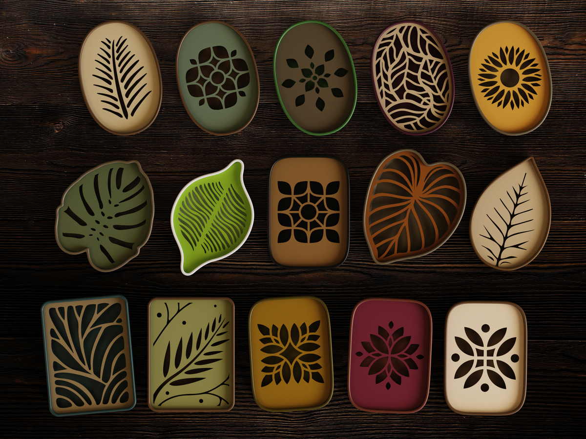 Leaf Collection 4 — botanical soap dishes with independently chosen PLA holder and insert colours