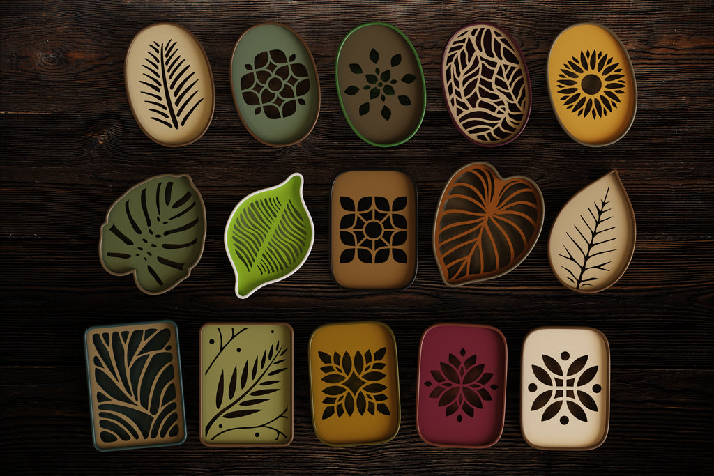 Leaf Collection 4 — botanical soap dishes with independently chosen PLA holder and insert colours