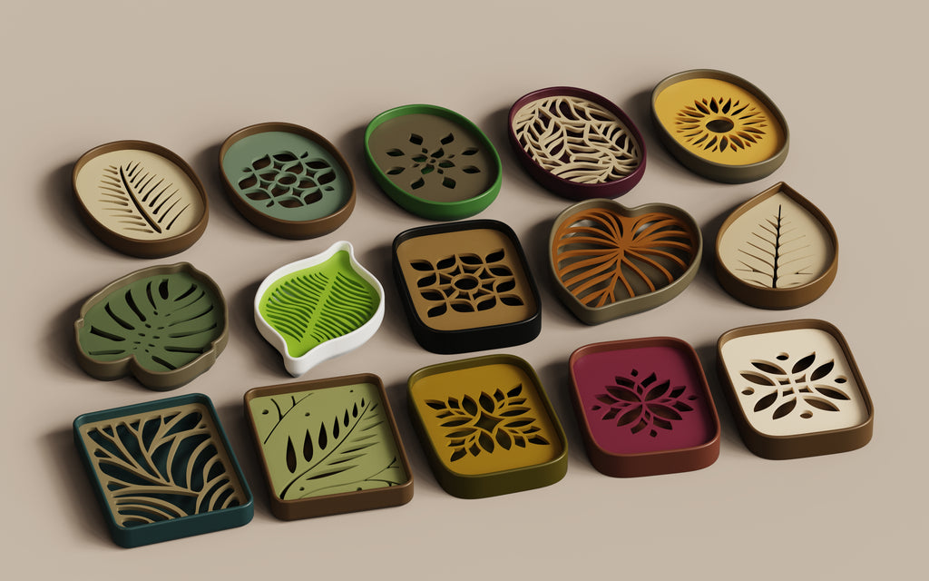 Leaf Collection 4 — botanical soap dishes with independently chosen PLA holder and insert colours