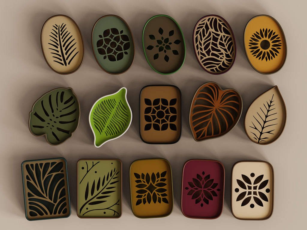 Leaf Collection 4 — botanical soap dishes with independently chosen PLA holder and insert colours