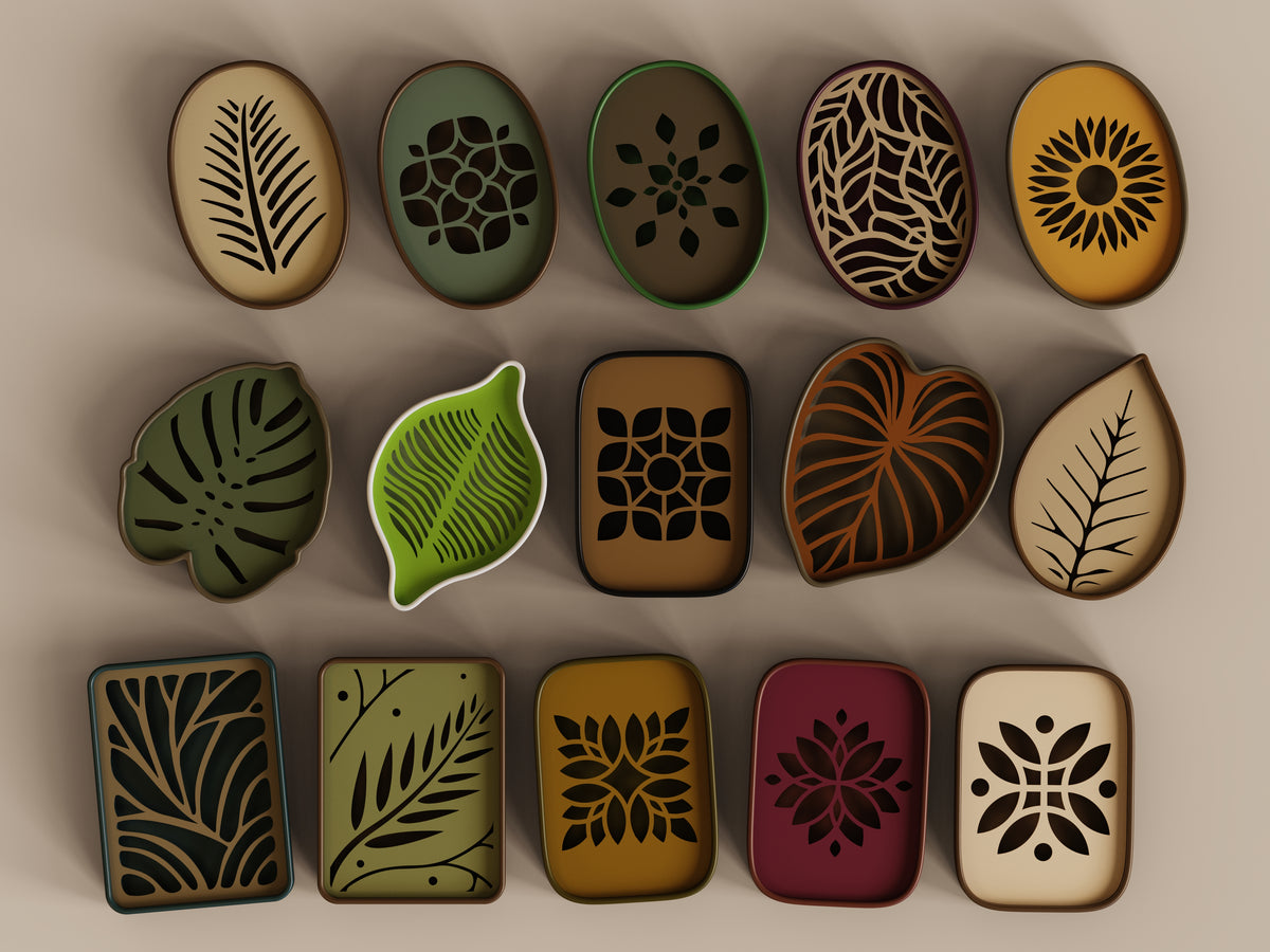 Leaf Collection 4 — botanical soap dishes with independently chosen PLA holder and insert colours