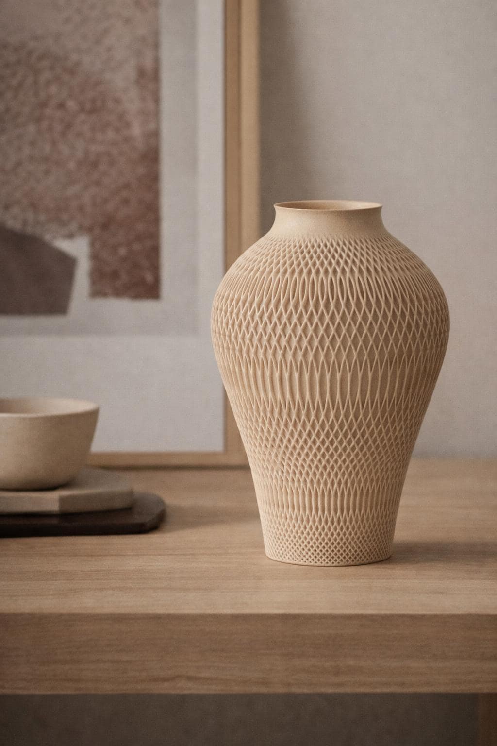 Wabi-Sabi Parametric Mesh Vase, 3D printed in PLA