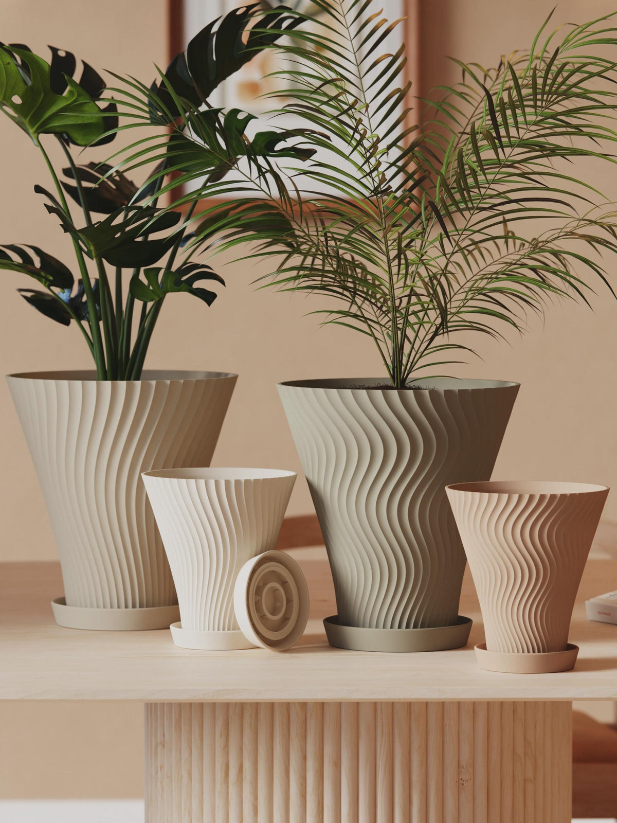 Scandi rippled flower pots with trays in a styled interior Main image